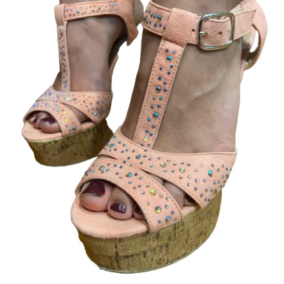 SODA super high open toe cork wedges with pink velvet straps and diamond studs - Picture 4 of 5